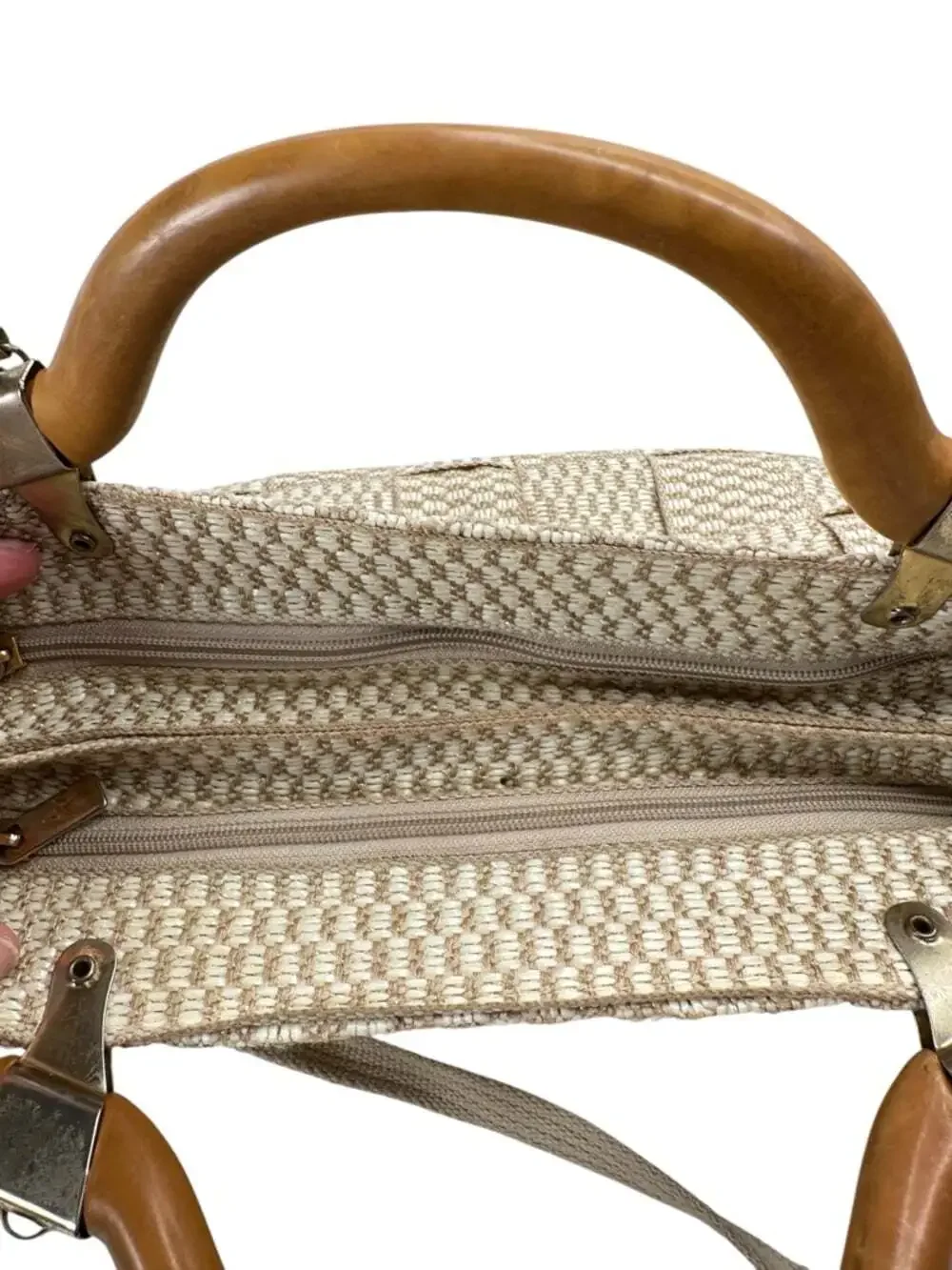 Alma Tunutti Woven Satchel Beige Top Handle Crossbody Wooden Handle Bag